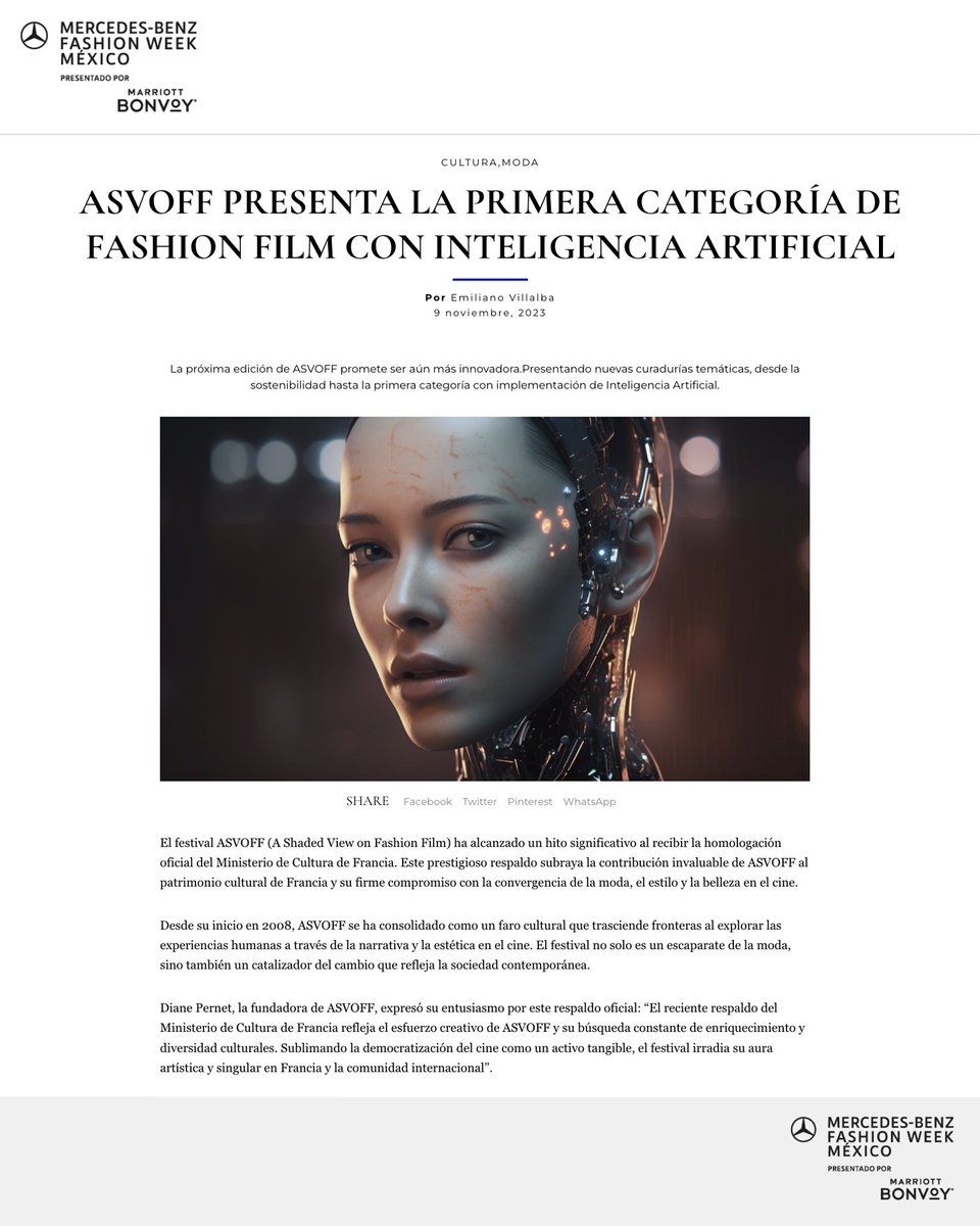 pedroguez_'s tweet photo. Thank you @fashionweek_mx for acknowledging the effort and for the great honor of leading, as a Mexican, the curation of the world's first #AIFashionFilm category as part of #ASVOFF Film Festival in Paris at DSM.
https://t.co/Lbqw06kdHF #aifilm by @Emi_Nerd. https://t.co/8TpoX4ZpC8