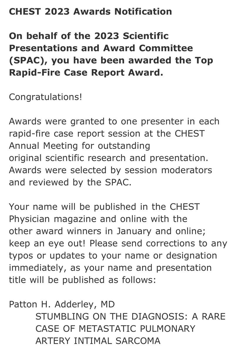 This email was the perfect pick me up on this gloomy day. I am honored to have been awarded the Top Rapid-Fire Case Report Award! #CHEST #CHESTTrainees #CHEST2023