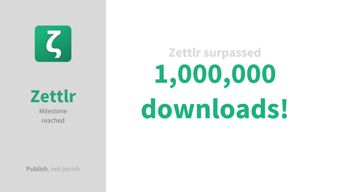 We have something truly amazing to share: After almost 6 years of constant improvement and dedication, Zettlr has passed the mark of 1,000,000 downloads!

This is truly amazing!

THANK YOU for your unwavering support over the past years! 💚