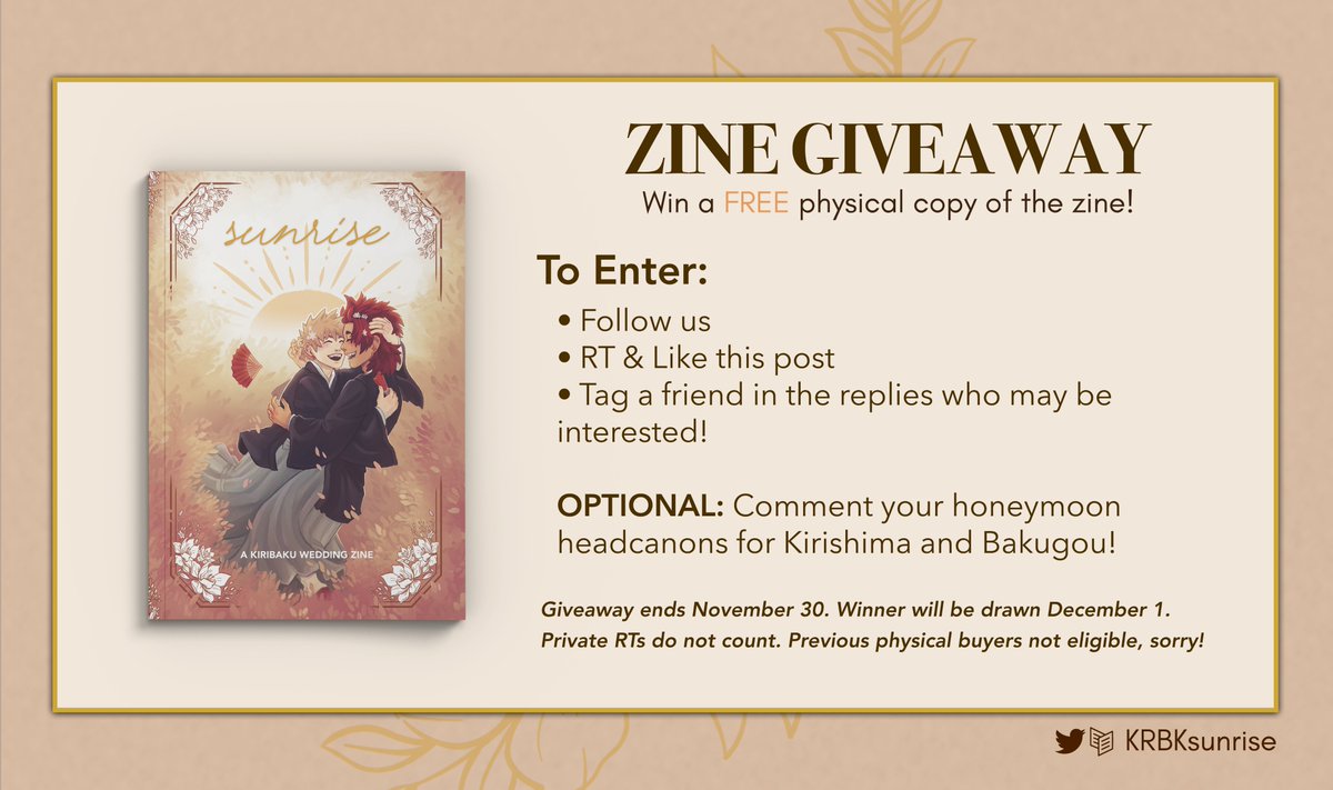 KRBKSunrise's tweet photo. ☀️ ZINE GIVEAWAY ☀️

Mod Rio is hosting a giveaway for a physical copy of Sunrise! Rules listed below ⬇️

Giveaway ends on November 30, 11:59PM PST. Winner will be drawn the following day, December 1 💕 https://t.co/QvCN4vyiWd