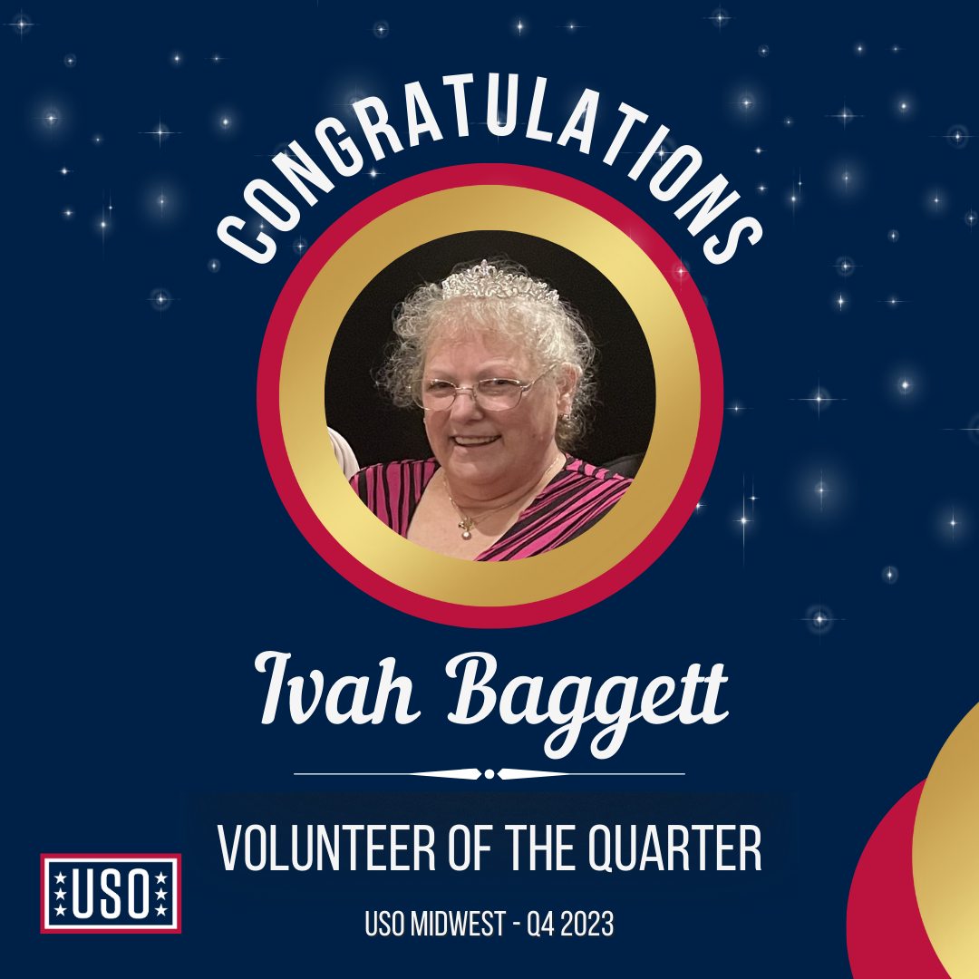 Congrats to USO Camp Grayling volunteer Ivah Baggett, the USO Midwest Volunteer of Q4 2023! She's been an essential member of the team in Michigan since we opened our doors in 2022. In 2023, Ivah filled multiple shifts and assisted with USO Canine and USO Gaming programs. #theuso