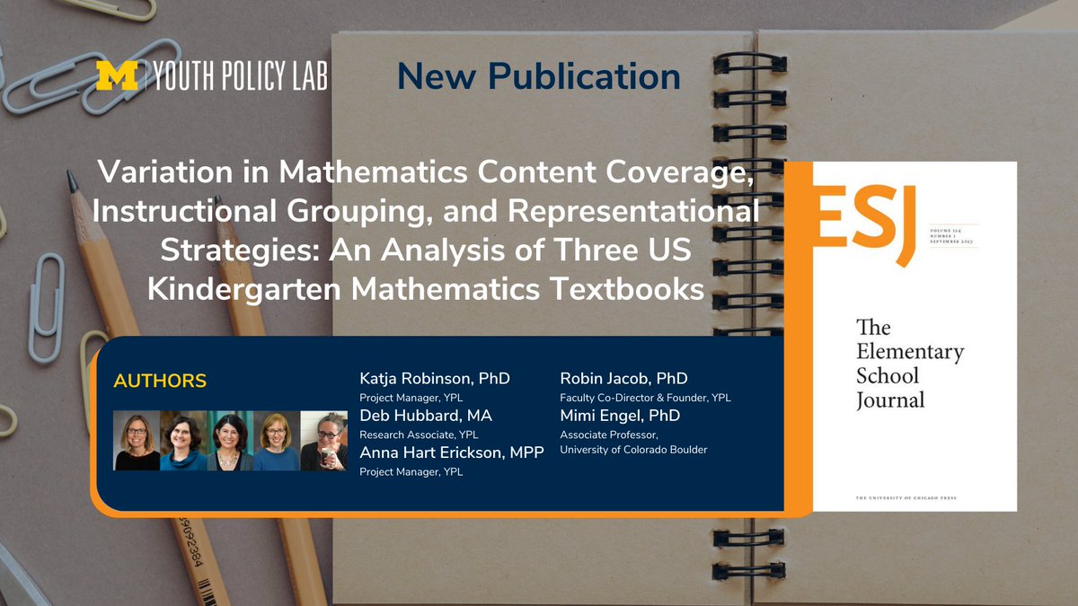 Excited to share our latest publication in The Elementary School Journal #UChicagoPress! Find out how three kindergarten mathematics textbooks vary in content coverage, instructional grouping and representation strategies. [doi.org/10.1086/727474]