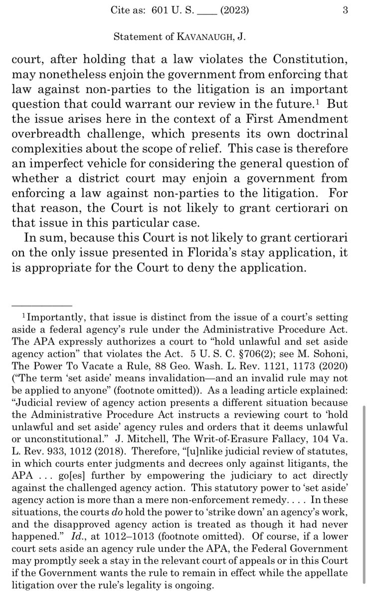 Over public dissents from Justices Thomas, Alito, and Gorsuch, #SCOTUS refuses to put Florida’s “anti-drag” law back into effect (keeping it on hold for now). Justice Barrett joins Justice Kavanaugh s statement respecting the denial: