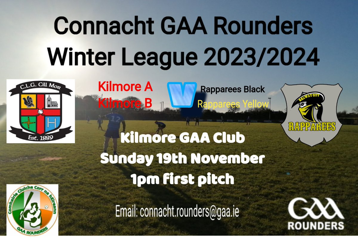 More Winter league action this weekend as newbies <a href="/GAAKilmore/">Kilmore GAA</a> rounders take on <a href="/RappareesGalway/">Galway City Rapparees</a> . 2 games taking place so plenty of rounders to witness,come along to Kilmore GAA club grounds and enjoy. <a href="/RoscommonGAA/">Roscommon GAA</a>  <a href="/Galway_GAA/">Galway GAA Official</a>