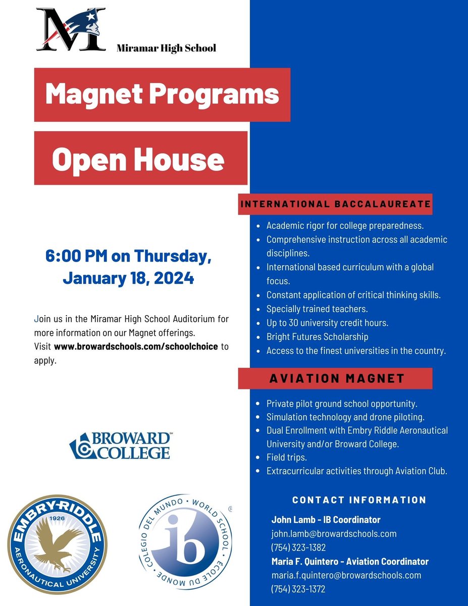 GArencibia25's tweet photo. 🌟 Save the date! Magnet Programs Open House on Thursday, January 18, 2024, at 6:00 PM in the Miramar High School Auditorium. Explore our exciting offerings! Visit https://t.co/bPRxI2ok1A to apply. #MagnetPrograms #SchoolChoice #BrowardSchools 🎓📚 @winfredjporter https://t.co/9E4KCFMUko