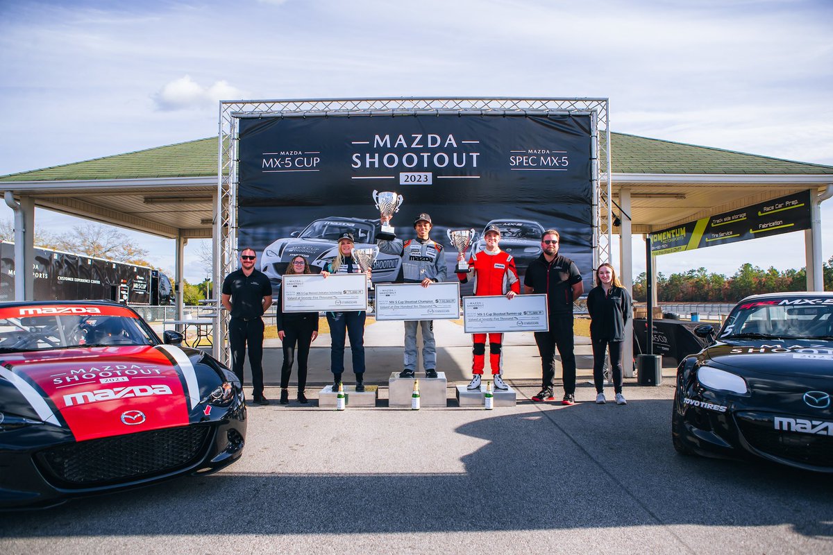 Congratulations to our 2023 @MazdaMX5Cup Shootout scholarship winners: Westin Workman (Champion) Nathan Nicholson (Runner-Up) Sally Mott (Women’s Initiative) And Spec MX-5: 1) Ethan Jacobs 2) Kamden Hibbitt 3) Helio Meza Welcome to the #MazdaMotorsports family.