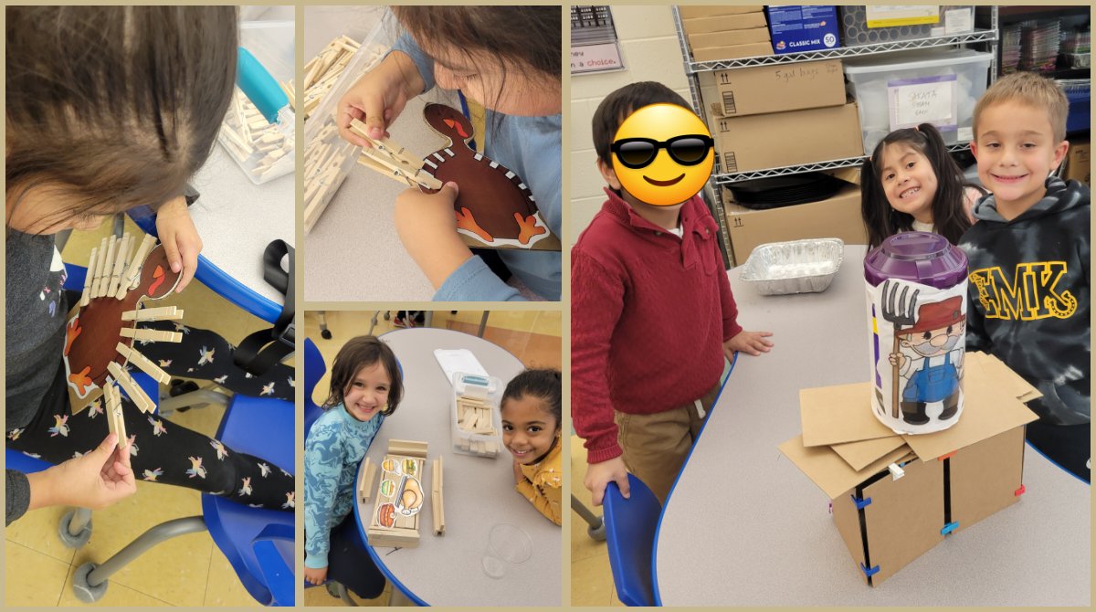 StemEmk's tweet photo. It's almost TG at EMK! Ks built dinner tables with @KEVAplanks big enough for a feast! 1sts built strong turkey hideouts with @3Duxdesign that didn't break! 2nds designed turkeytrot obstacle courses!   Also turkey pin fine motor practice! #STEM4Them @EWRSDK12 @NicoleFoulksEMK https://t.co/XyUfiY7BBS