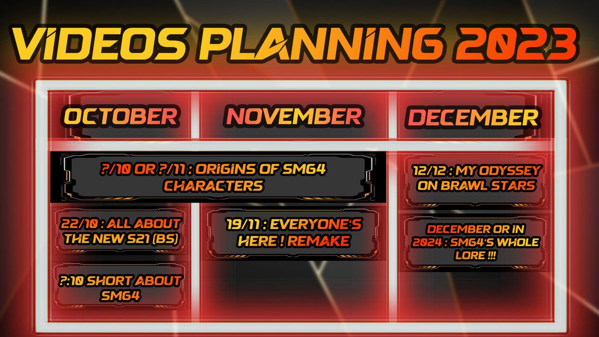 MMistery110's tweet photo. Hey everyone ! 
A little #update about my videos projects !
- The "#everyoneishere remake will be posted at 19/11 as I promised in my planning !
- The script of "Origins of #SMG4 Characters" has been.... finished since 1month but I haven't even started editing it... https://t.co/gsiA2YaSMO