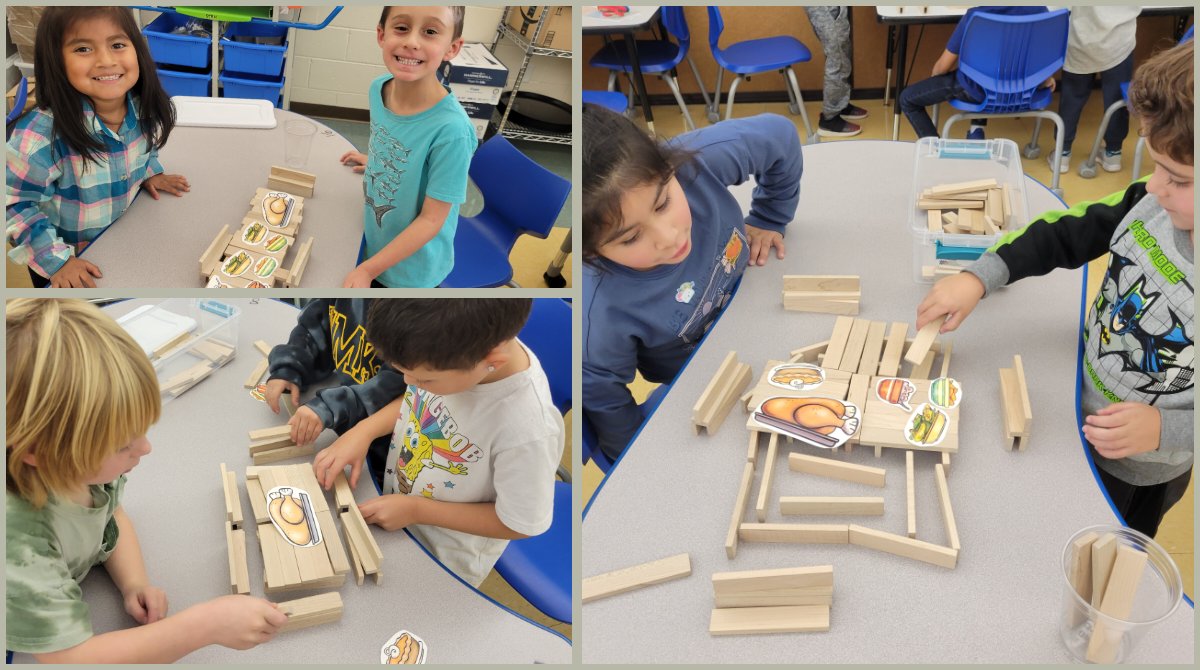 StemEmk's tweet photo. It's almost TG at EMK! Ks built dinner tables with @KEVAplanks big enough for a feast! 1sts built strong turkey hideouts with @3Duxdesign that didn't break! 2nds designed turkeytrot obstacle courses!   Also turkey pin fine motor practice! #STEM4Them @EWRSDK12 @NicoleFoulksEMK https://t.co/XyUfiY7BBS
