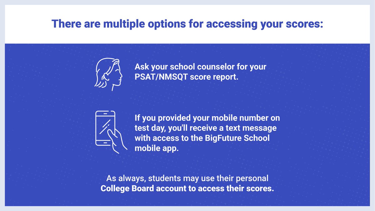 PSAT/NMSQT scores for tests taken Oct. 16-31 are available today. Students who provided their mobile number when they tested can access scores on the new BigFuture School app: spr.ly/6010uLC3K