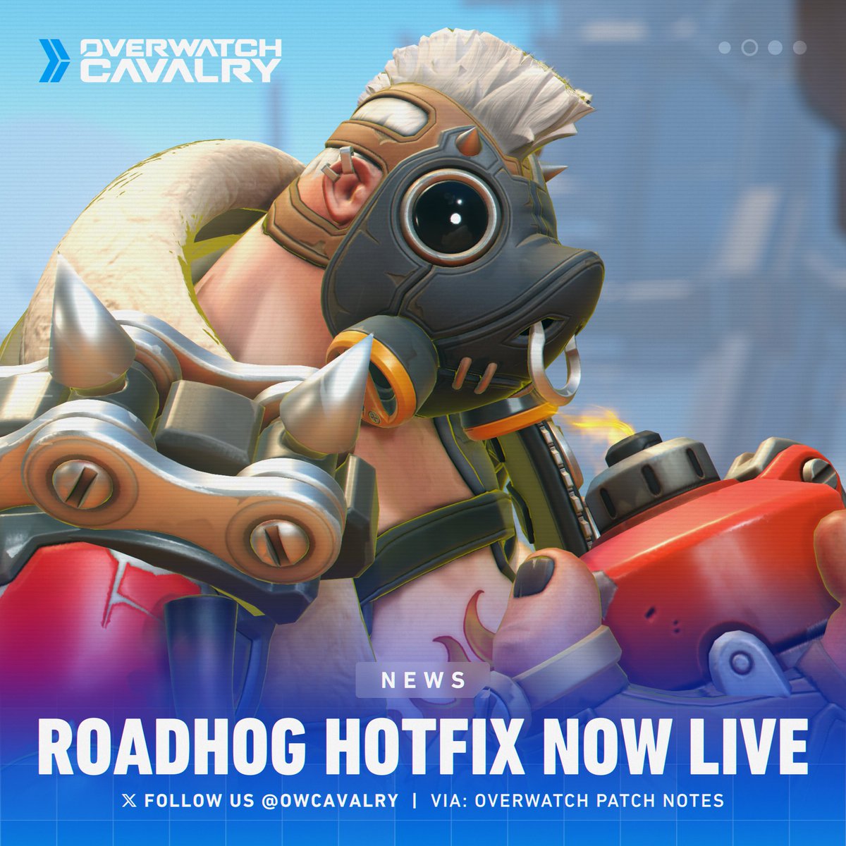 OWCavalry's tweet photo. Roadhog changes NOW LIVE in #Overwatch2 🐷📈

Take a Breather:
→ Total healing increased from 450 to 500.
→ Damage reduction increased from 30 to 40%.
→ Maximum duration reduced from 3 to 2.5 seconds.
→ Recharge time reduced from 12 to 10 seconds. https://t.co/rkygrzWGzL