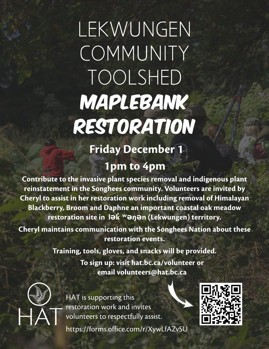 Contribute to the invasive plant species removal and Indigenous plant reinstatement in the Songhees community. Volunteers are invited by Cheryl to assist in her restoration work. HAT is supporting this restoration work and invites volunteers to respectfully assist.