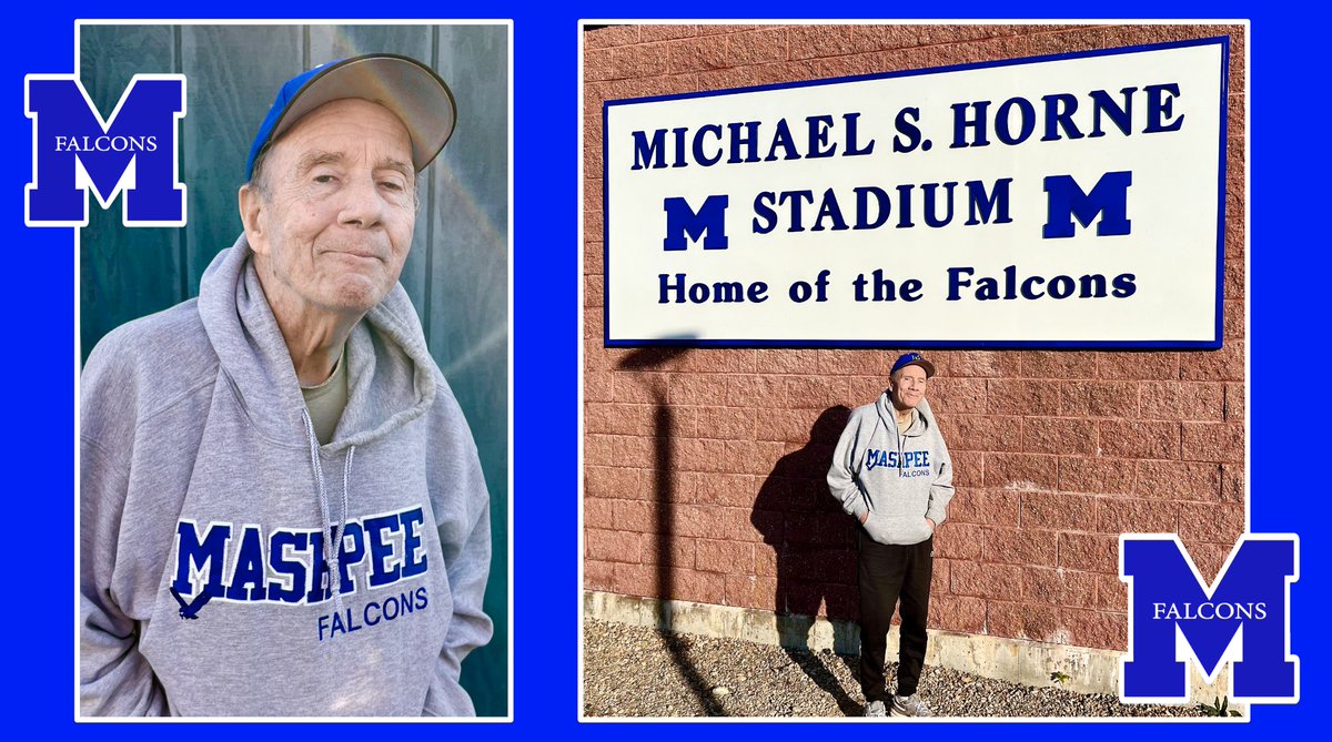 Our new sign honoring Michael Horne is now in position inside our MMHS stadium complex.  It was so nice to be able to capture a picture of Mike today with the sign. It's great to be in #Mashpee because of Michael Horne.  Thank you to Day Signs for creating our beautiful new sign