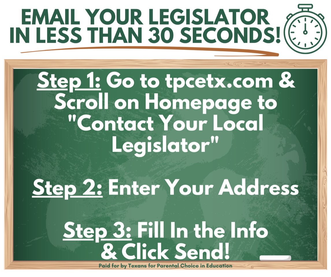 TX House convenes 10am Friday morning to debate HB1, the school choice bill. This will be a long and hard day. Take 30 seconds now to email your legislator tonight through our website at tpcetx.com &amp; tell your State Rep to make school choice a reality in TX! #txlege