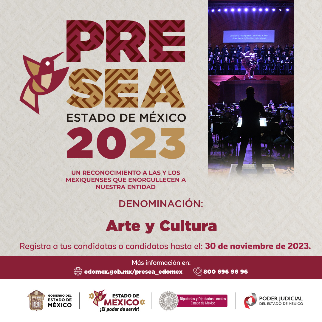 CulturaEdomex's tweet photo. La #PreseaEdoméx2023 es el máximo reconocimiento que se entrega a mexiquenses destacados que enaltecen nuestra entidad.
Registra a tu candidato antes del 30 de noviembre, en: https://t.co/QCY9xJ8v3n https://t.co/KrEeJZJTPR