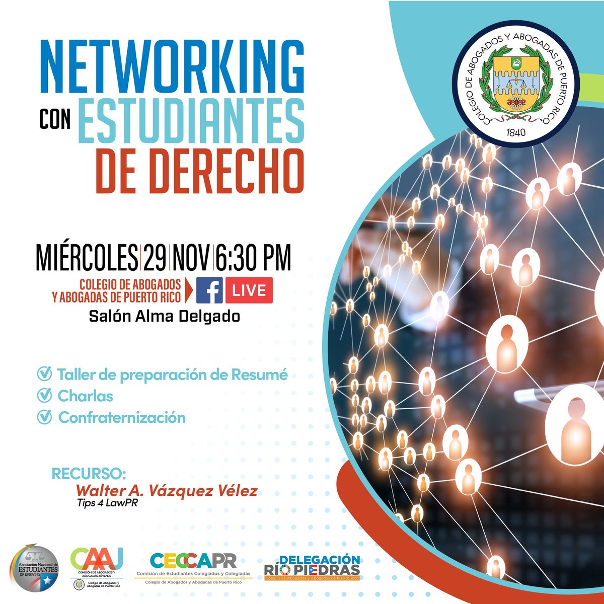 La red de trabajo legal más grande y efectiva te la ofrece el Colegio. Ven y hablemos de resumés, de desarrollo y también vamos a compartir un rato chévere entre pares. El miércoles, 29 de noviembre, ¡te esperamos en el Colegio! #ColegioSiempre #ColégiateAhora #ColegioSolidario
