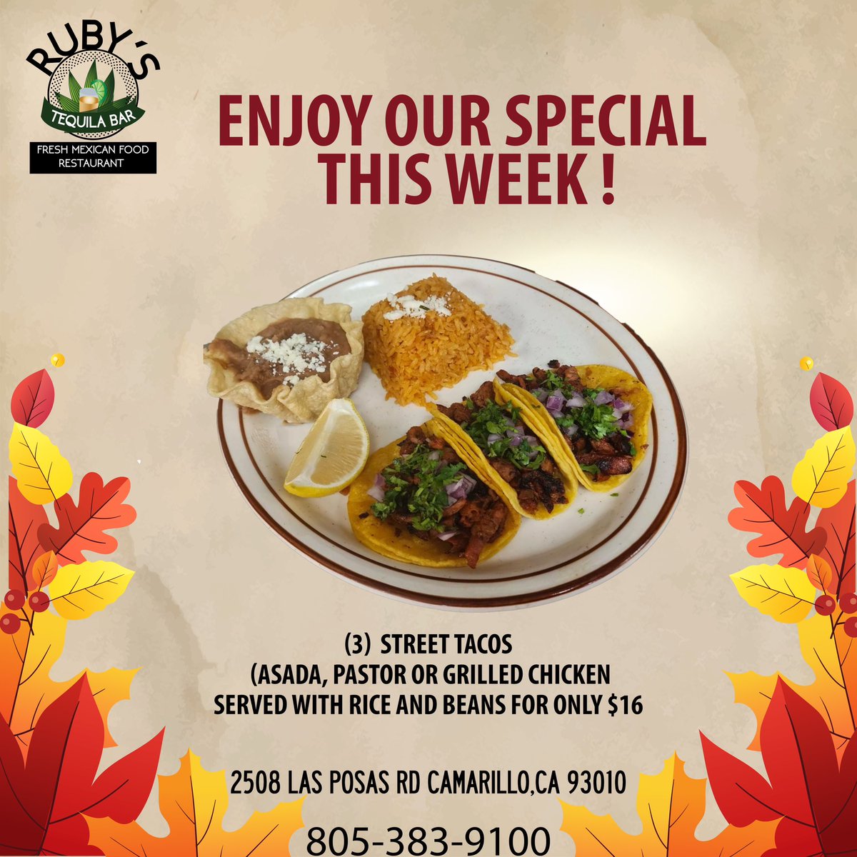 Enjoy our special this week!
#rubysfreshmexicanfoodandtequilabar 
#tacos #mexicanrestaurant