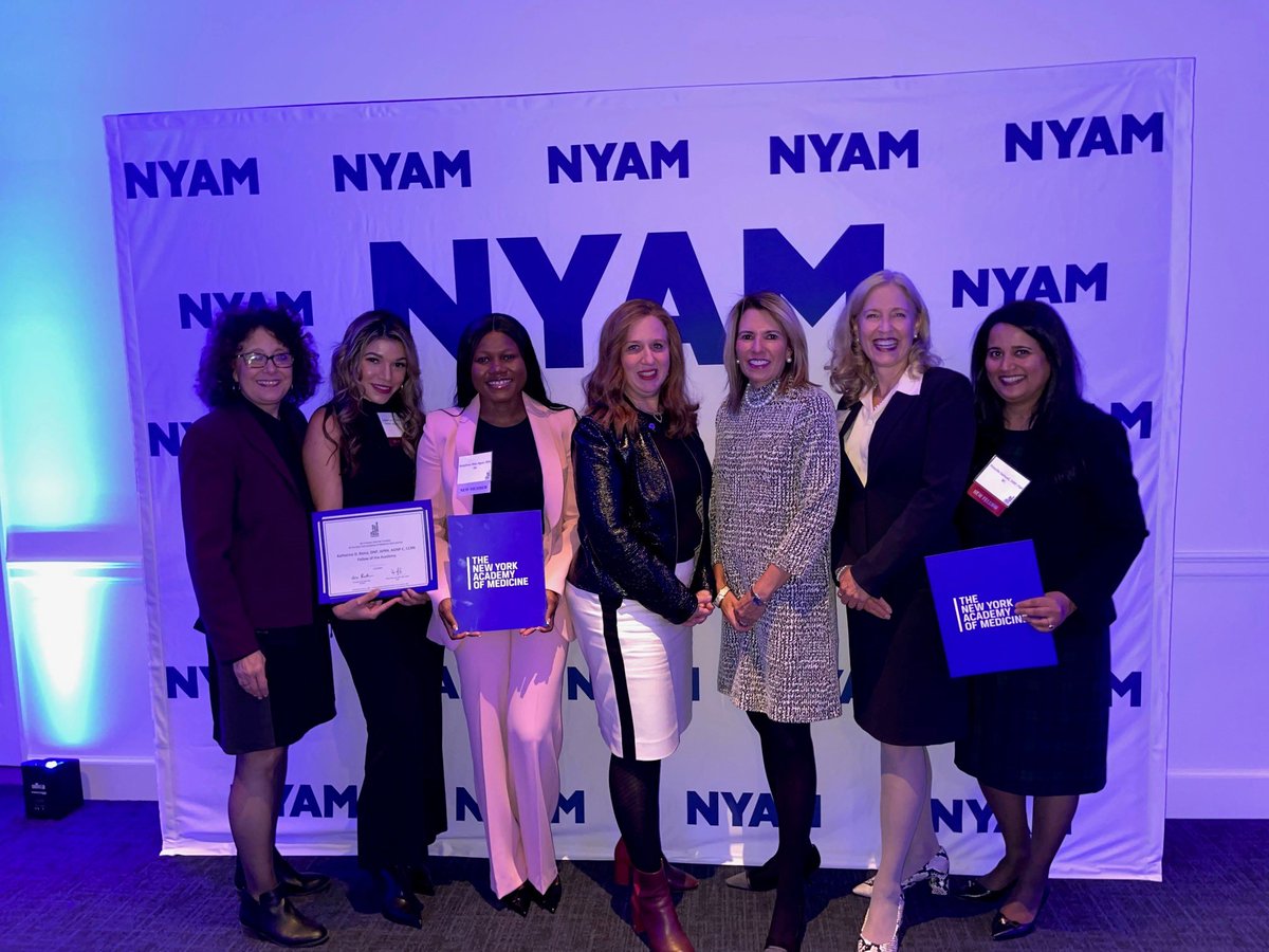 Congrats to newly inducted New York Academy of Medicine (@NYAMNYC) Fellows Robin Ferrer, Katherine Reina and Priscilla Samuel and Josephine Ataa Agyei. They're pictured here with NYAM President Dr. Ann Kurth with @BethOliverVP, @TobyBressler, and Maria Vezina.