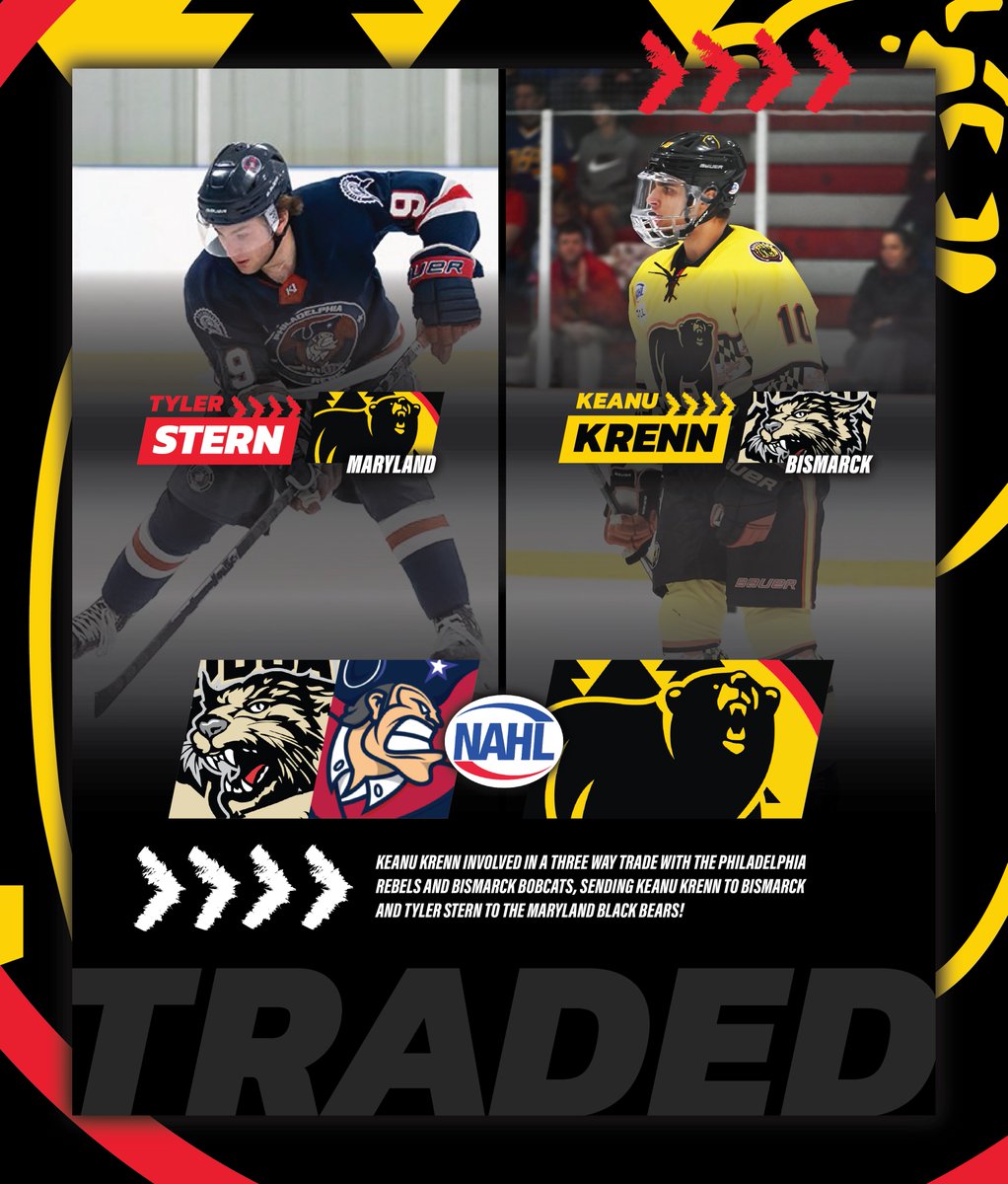 BlackBearsNAHL's tweet photo. 🚨 Trade Alert 🚨

The Maryland Black Bears have acquired the rights to recently traded Philadelphia Rebel, Tyler Stern, from the Bismarck Bobcats in exchange for Keanu Krenn! 

Welcome to Black Bears Nation, Tyler 👏

#MarylandBlackBears | #NAHL https://t.co/vUQRAK5yqG