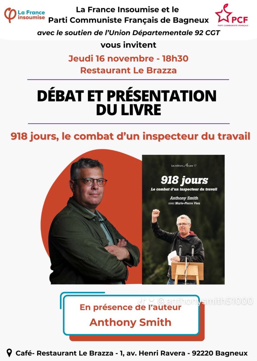 smith51_a's tweet photo. 🙏🏼Merci pour ces beaux échanges ce soir à #Bagneux autour de mon livre #918jours et en présence du député #Lfi #Nupes @A_Saintoul 

💬Nous avons discuté repression (notamment syndicale) mais aussi unité, résistance, démocratie au travail…

✊Rien n’est à eux, tout est à nous ! https://t.co/hgdSMAE57w