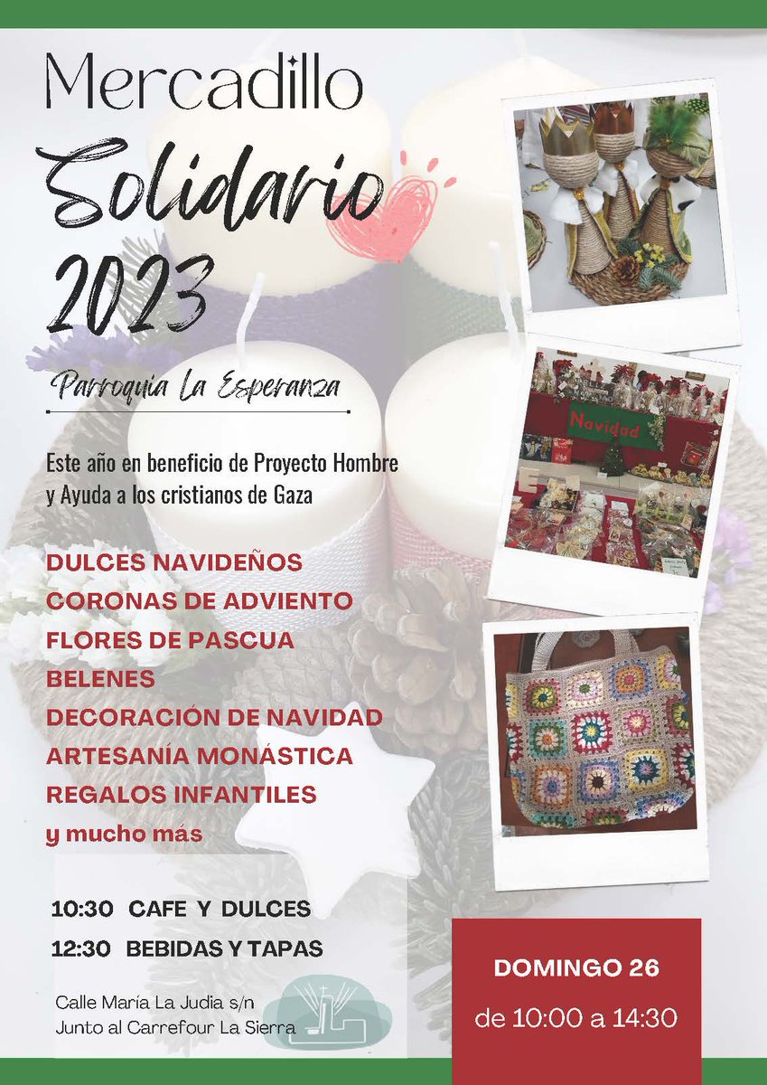 Mercadillo Solidario 2023, el próximo domingo 26 de noviembre.
Este año los beneficios se destinaran a Proyecto Hombre y Ayuda a Cristianos de Gaza