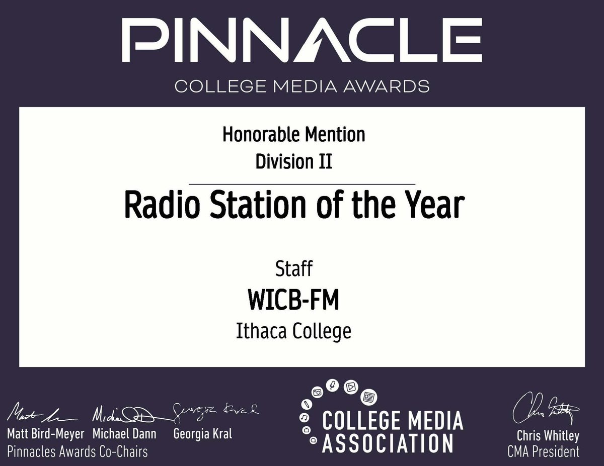 Earlier this month, WICB was named an Honorable Mention in the College Media Association’s 2023 Radio Station of the Year Pinnacle Awards competition. This award recognizes stations with outstanding on-air programming during the 2022-23 academic year. 🎉

ithaca.edu/intercom/2023-…