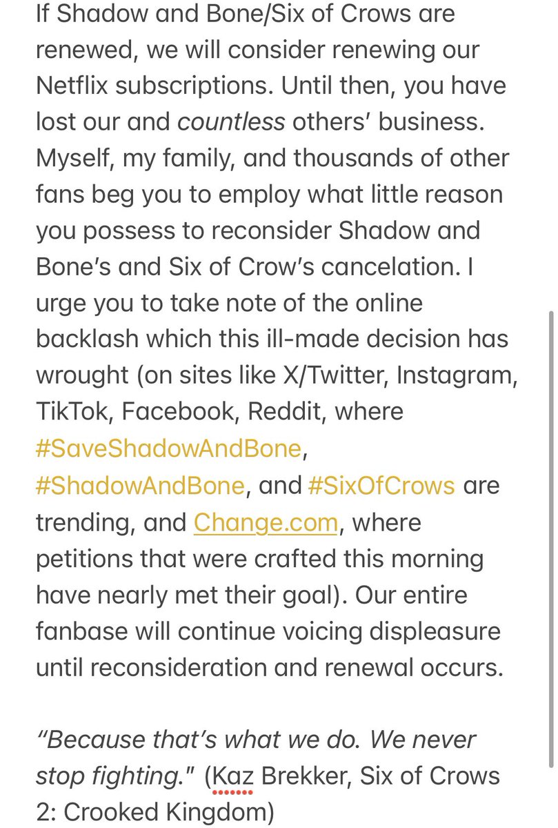shadowand_boner's tweet photo. ❕CALLING ALL SHADOW AND BONE FANS❕

Here’s an extensive list of Netflix executives you can contact about #ShadowAndBone and #SixOfCrows.
 
I’ve also attached an email to those executives, which I’ll thread below. Feel free to copy. Be respectful! 
 
NMNF 🤍

#SaveShadowAndBone https://t.co/jxCpNTJgtF