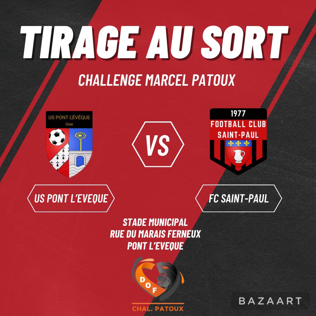 fcsaintpaul's tweet photo. [🏆 Challenge Patoux]

Le tirage au sort du challenge Marcel Patoux a été effectué, nos Saint-Paulois se déplaceront sur la pelouse de l’US Pont l’Évêque !

#USPEFCSP #TeamFCSP 🔴⚫️ https://t.co/2Qc5N8zGkM