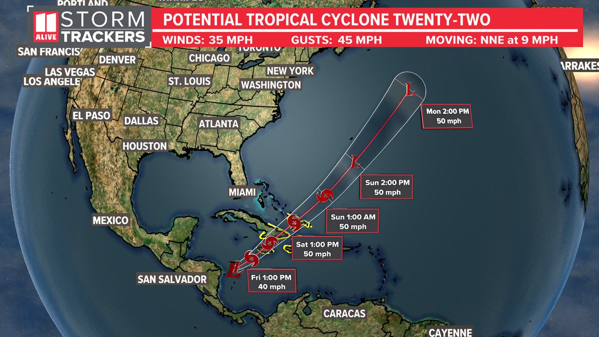 That system we've been tracking in the western Caribbean has better chances of becoming a named storm. Here's the latest track. Tropical storm watch in effect for Jamaica, Haiti, parts of Cuba, SE Bahamas and Turks and Caicos. #Storm11