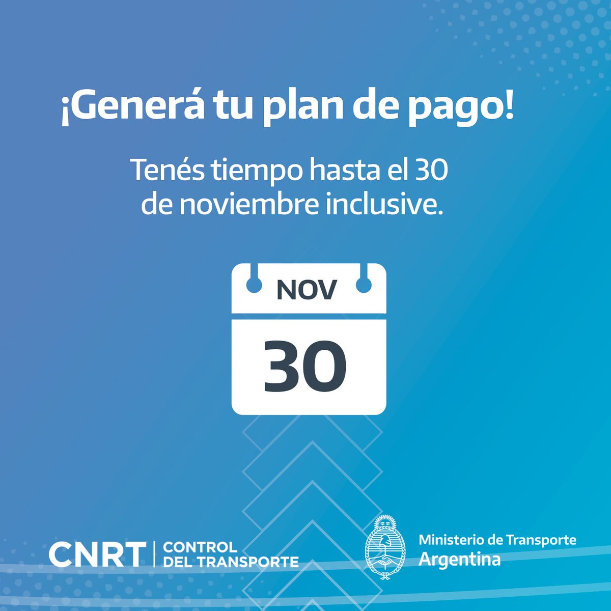 InfoCNRT's tweet photo. ¡Última prórroga del Régimen de Presentación Voluntaria!
Si tenés multas o infracciones impagas hasta 2021, tenés tiempo hasta el 30 de noviembre de acceder a un plan de pagos en cuotas.
#ControlDelTransporte https://t.co/ACOIioYPAo