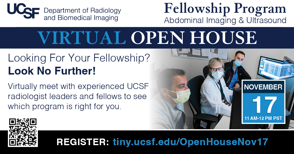 See you tomorrow? Join Program Director, Dr. Derek Sun (<a href="/makethemsayahh/">Derek Sun wants #MoreThanDiversity</a>), for our Abdominal Imaging &amp; Ultrasound Fellowship Virtual Open House &amp; virtually meet with experienced <a href="/UCSFimaging/">UCSF Imaging</a> radiologist leaders &amp; fellows. RSVP today! radiology.ucsf.edu/events/ucsf-ab…