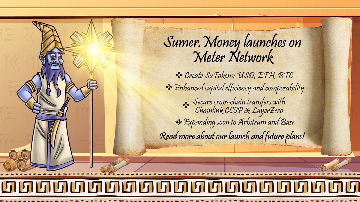 SumerMoney's tweet photo. 🏆 #Sumer is now live on #MeterNetwork! 🎉

🚀 A milestone in #composable DeFi: https://t.co/wJmg9acR4K is a cross-chain synthetic assets money market protocol, creating a first-of-its-kind #DeFi experience with #SuTokens (synthetic assets of $USD, $ETH, and $BTC).

✨ Breaking new ground in #crosschain liquidity and smart contract communications, our protocol offers hyper-#composability, capital efficiency, and secure, non-custodial transfers.

🔒 Ensuring top security, #SumerProtocol is secured by @Chainlink CCIP and @LayerZero_Labs. We're introducing variable rate lending/borrowing, new features like homogenous/heterogenous asset groups, leveraged yield strategies, and more.

🔍 With rigorous audits under our belt, we're gearing up to expand to @arbitrum and @BuildOnBase, amplifying our #multichain presence.

🌐 Experience truly composable DeFi only on @SumerMoney: https://t.co/eJkoXYGp6m

💬 Have questions or need support? Join us on Telegram: https://t.co/ZLVElHv8s1 and Discord: https://t.co/HJ3KLLEV7M

🔗 Learn more about our story and what's next: https://t.co/2yRG1bSeVA

#SumerMoney #SyntheticAssets $MTRG $suUSD $suETH $suBTC @Meter_IO #CryptoNews #Crypto