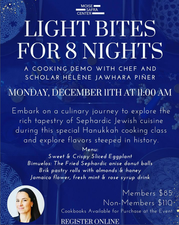 ASP_Boston's tweet photo. Next week, join @Helene_J_Piner at the Moise Safra Center as she recreates recipes from her award-winning cookbook SEPHARDI for a special Hanukkah cooking class. Register: https://t.co/qXYnb7Xo2C https://t.co/MO1naj0MHF