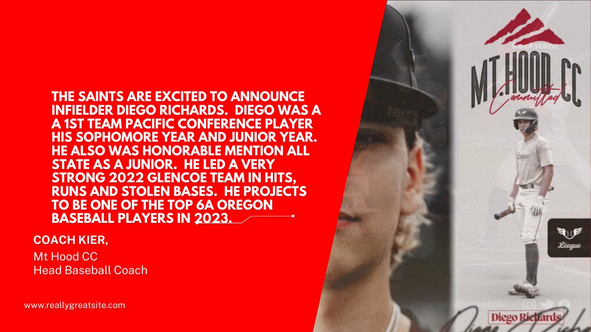Mt Hood Saints Baseball (@mthoodbaseball) on Twitter photo Let’s stay with the <a href="/GHSTideBaseball/">Glencoe Baseball</a> student athletes as we are excited to announce <a href="/DiegoRichards06/">Diego Richards</a> to our 2024 Committed Class #tothetop
#studentathletesonly #rolltide Let’s stay with the <a href="/GHSTideBaseball/">Glencoe Baseball</a> student athletes as we are excited to announce <a href="/DiegoRichards06/">Diego Richards</a> to our 2024 Committed Class #tothetop
#studentathletesonly #rolltide