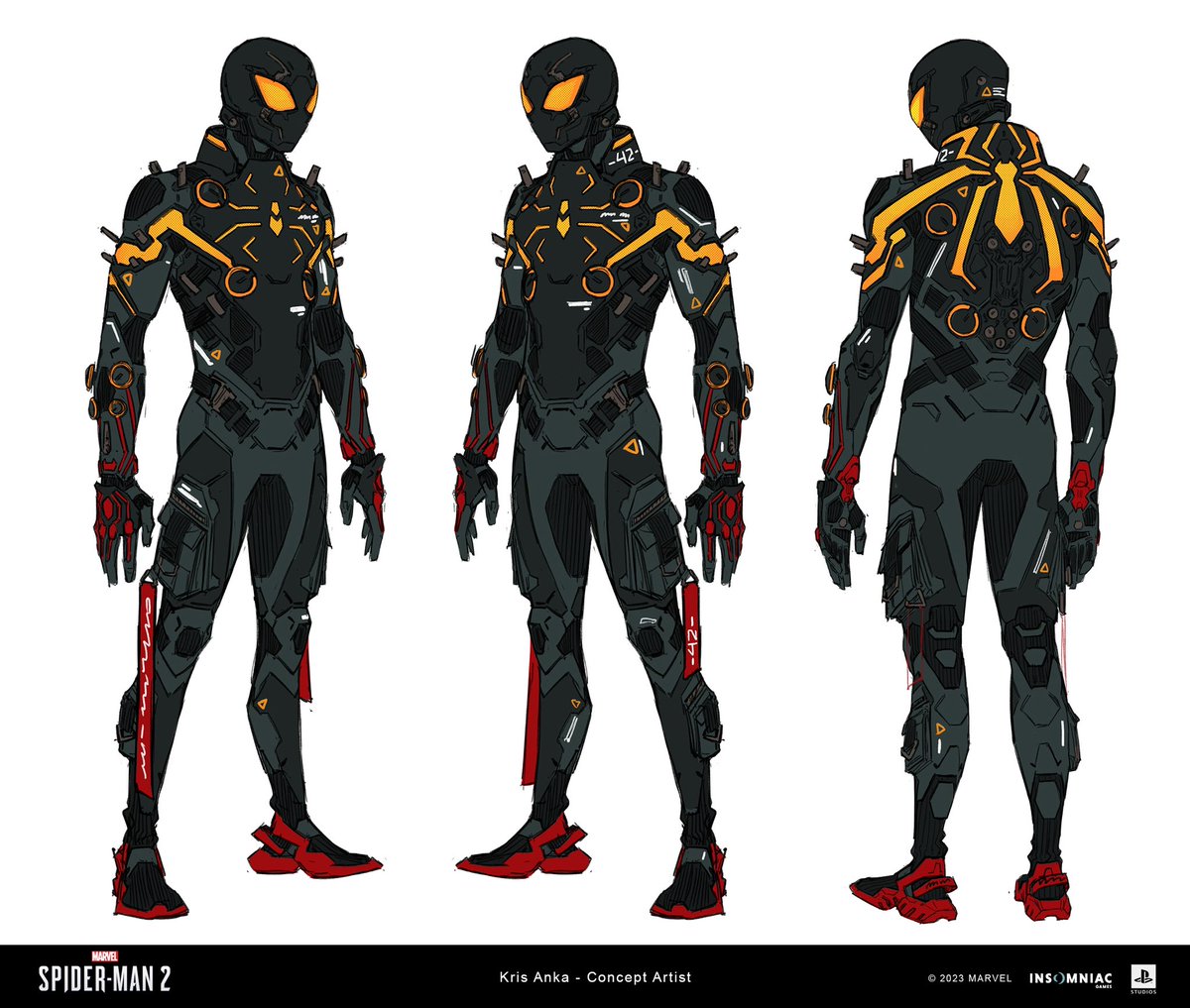 Finally allowed to post some of the art I did for my Encoded Miles suit for #MarvelsSpiderMan2 
They asked me to make up a suit that felt like a statement from me, so I wanted to do something Cyberpunk-ish
All the decals on the suit are Easter eggs, maybe I can post that one day 