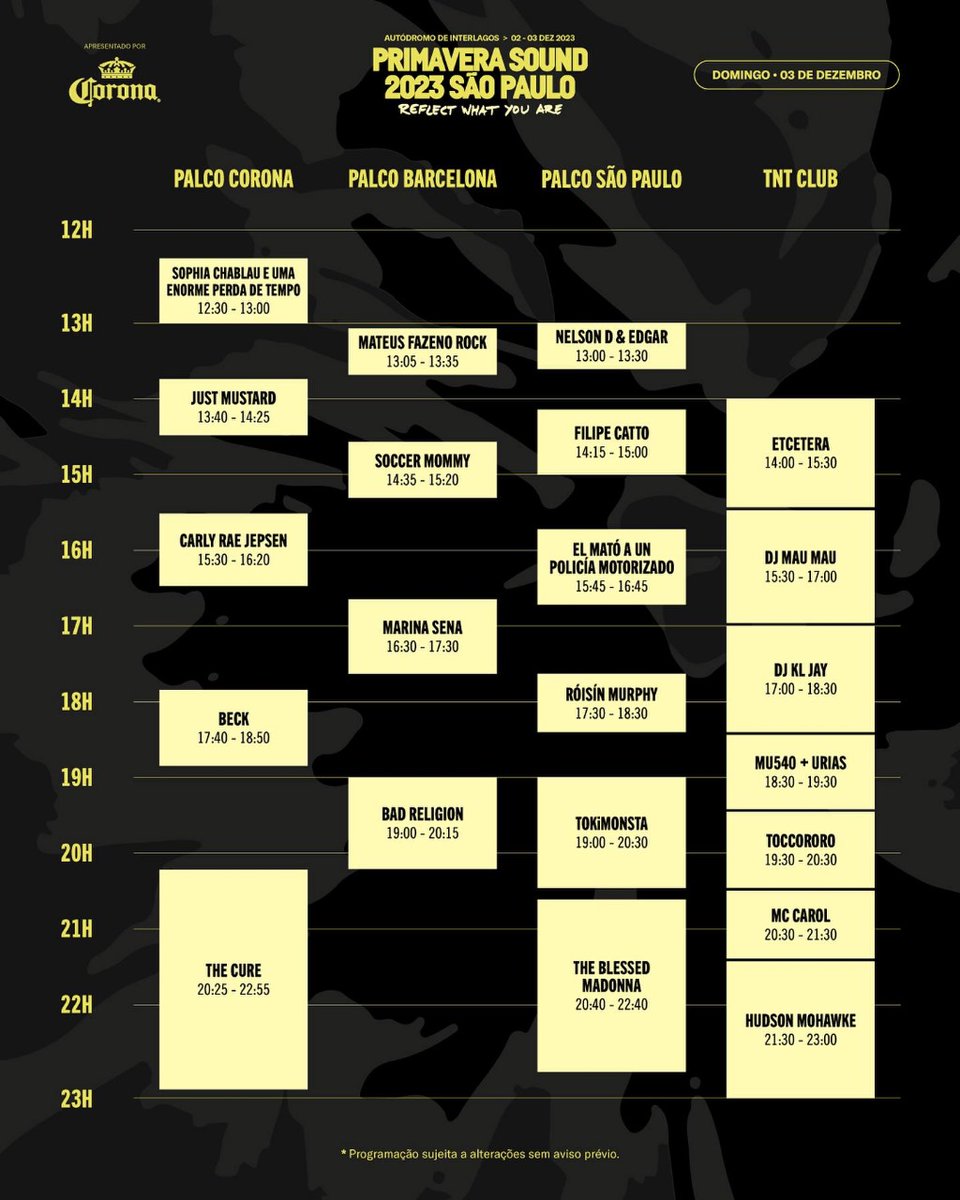 thecurebrasil's tweet photo. Horรกrios dos shows de domingo no Primavera Sound Sรฃo Paulo ! ๐โจ
#PrimaveraSoundSaoPaulo #TheCureBrasil #ShowsOfALostWorld23 #TheCure #SouthAmerica #TheCureLatAm23 #RobertSmith #SimonGallup #ReevesGabrels #PerryBamonte #MikeLord #jasoncooper https://t.co/DbseaXTI2R