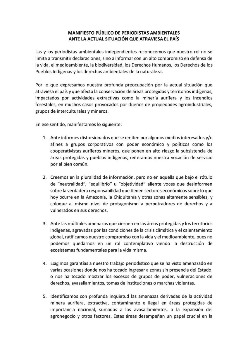 notambientalbol's tweet photo. 📍 Decenas de periodistas ambientales de todo el país emitieron un manifiesto público frente a la grave situación que atraviesan la biodiversidad en las áreas protegidas y los pueblos indígenas ratificando su compromiso con la defensa de la naturaleza y los derechos humanos. https://t.co/2tGQXbGApS