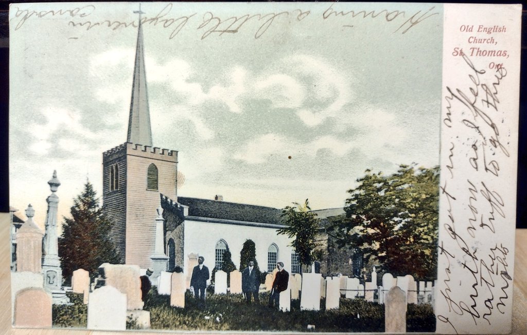 1906 postcard of St. Thomas Anglican Church (Old St. Thomas Church), St. Thomas, ON.

My favourite part of this card is not the people in the cemetery, but the zinc ("White Bronze") marker at the left of the image making a special appearance.