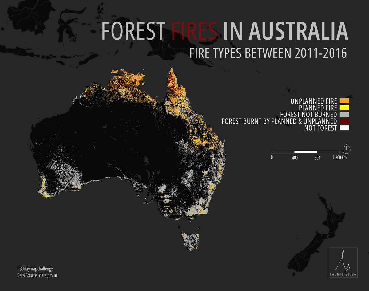 Today's theme for #30daymapchallenge is #Oceania!
I've chosen to map out Australia's Forest fires between 2011 and 2016

#gis #gismapping  #opensource #geospatialanalysis #dataanalysis