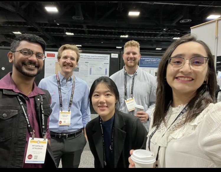BU_MDPhD's tweet photo. @isaacfalconer _ @SamCalderazzo with her @bu_cte lab mate, @heloise_leblanc with the Ramirez group, and @been_snyder with the Medalla Lab #SfN2023 https://t.co/CtcFdGpTVH