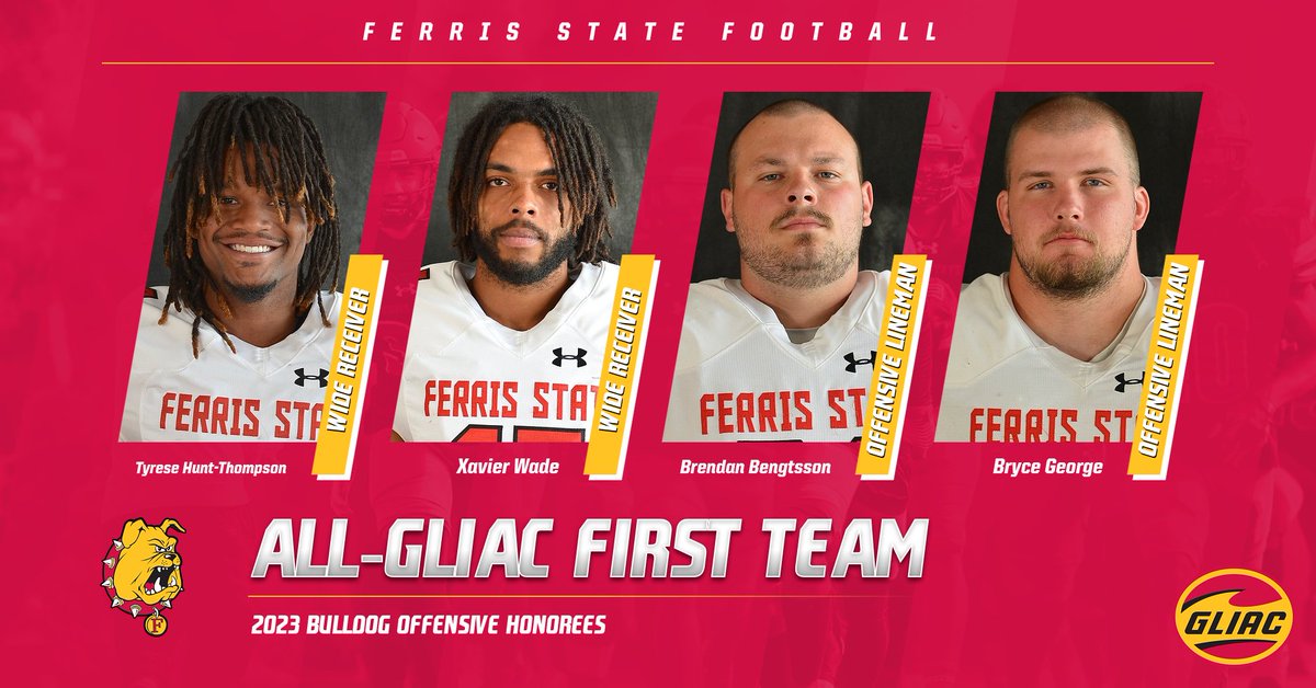 ferrisathletics's tweet photo. ALL-GLIAC FIRST TEAM OFFENSE!
WR Tyrese Hunt-Thompson
WR Xavier Wade
OL Brendan Bengtsson
OL Bryce George

@FerrisFootball https://t.co/aITwwJpcwP