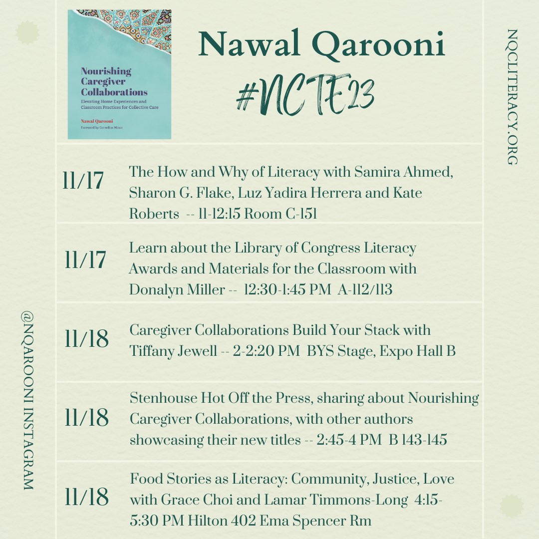 Haven’t logged on to this app for over a month, but here I am, at #NCTE23 - ready to talk about my book (out in 3wks!)+ hold space w ppl I love. I’ve been active on instagram, so if you’re interested in some of my latest thinking, I’m nqarooni there♥️ #caregivercollaborations