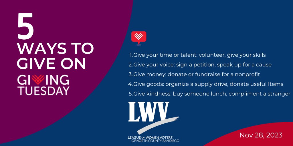 As the holidays approach, it's a good time to plan gifts for family, friends and — on #GivingTuesday — organizations that have impact. We think Empowering Voters &amp; Defending Democracy is an important cause! bit.ly/LWVNCSD_Donate…