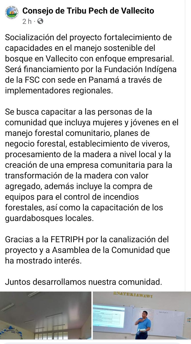 wilsoneib2007's tweet photo. Socialización del proyecto fortalecimiento de capacidades en el manejo sostenible del bosque en Vallecito con enfoque empresarial. Será financiamiento por la Fundación Indígena de la FSC con sede en Panamá a través de implementadores regionales. https://t.co/1ppZV9bvNY