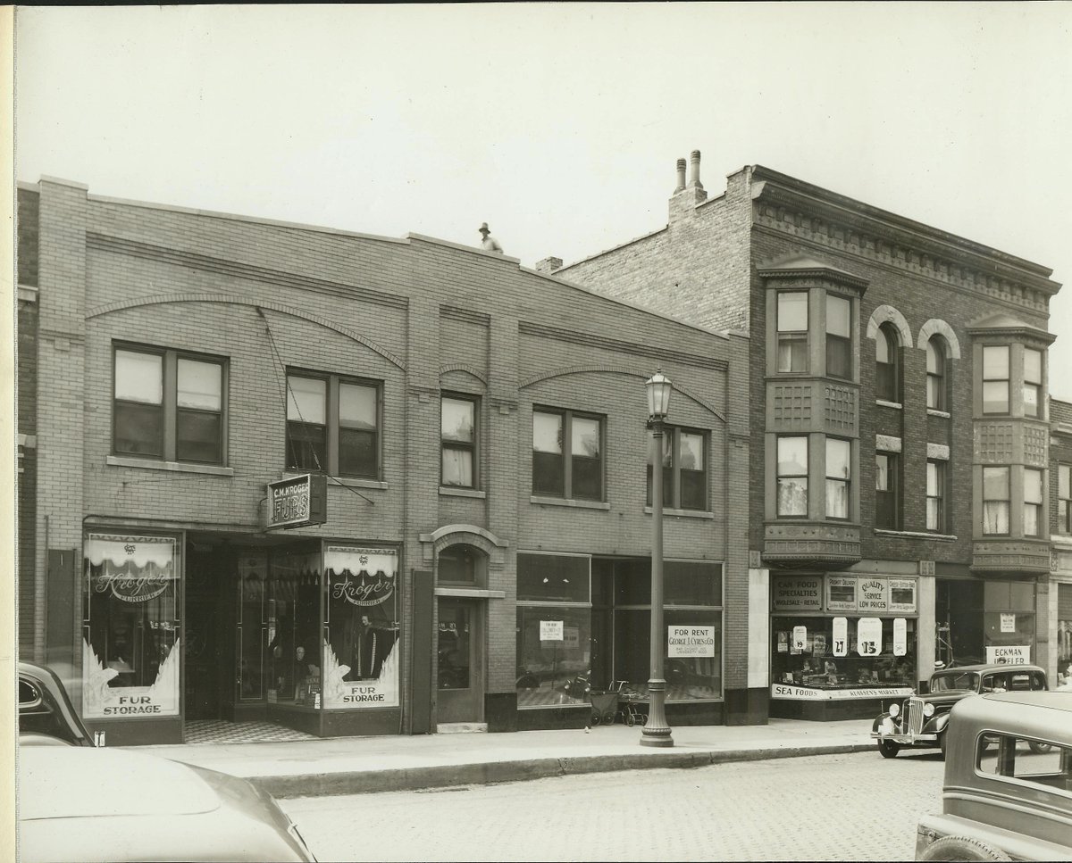 #Evanston, 1930s. Main Street, portion of the 700 Block. C.M. Kroger, Fur Storage, was open at 710 Main &amp; Klassen’s Market at 714 Main had recently opened in 1931. (This section of Main Street is now home to Evanston Eye Wellness, Masterpiece Framing, and Reprise Coffee.)