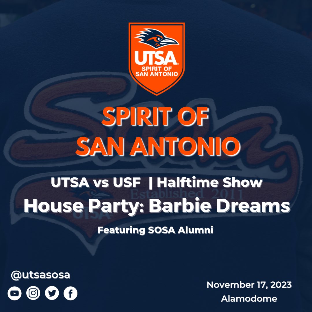 UTSASOSA's tweet photo. Be sure to check out halftime as SOSA performs our House Party Show: Barbie Dreams! 🩷
#UTSA #utsasosa #UTSAFootball #Packthedome https://t.co/vQjNZzSNmR