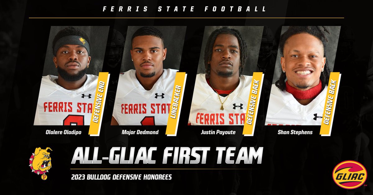 ferrisathletics's tweet photo. ALL-GLIAC FIRST TEAM DEFENSE!
DE Olalere Oladipo
LB Major Dedmond
DB Justin Payoute
DB Shon Stephens

@FerrisFootball https://t.co/P6h3hndVtd