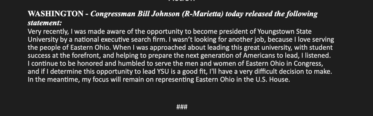 .@RepBillJohnson isn't saying yes yet, but also isn't ruling out the Youngstown State University job in a new statement.