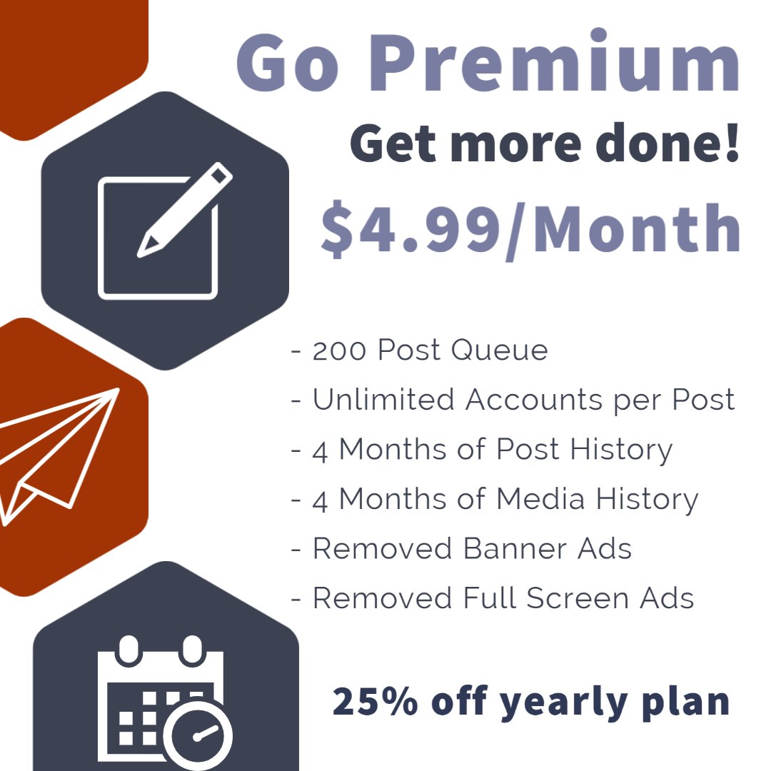 Smart_Post_App's tweet image. Looking to get more from Smart Post App? Go Premium and unlock extra features and higher limits! More information @ smartpostapp.com