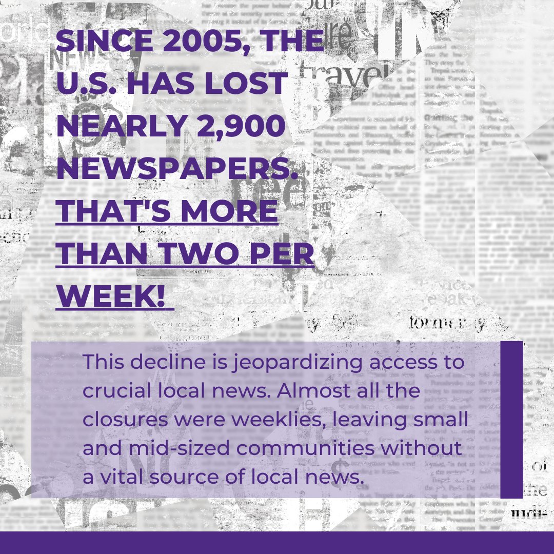Newspapers keep disappearing, with many outlets merged and/or gutted. The result: communities losing their primary news sources. Read more in our 2023 State of Local News Report. 1/2 localnewsinitiative.northwestern.edu/projects/state…